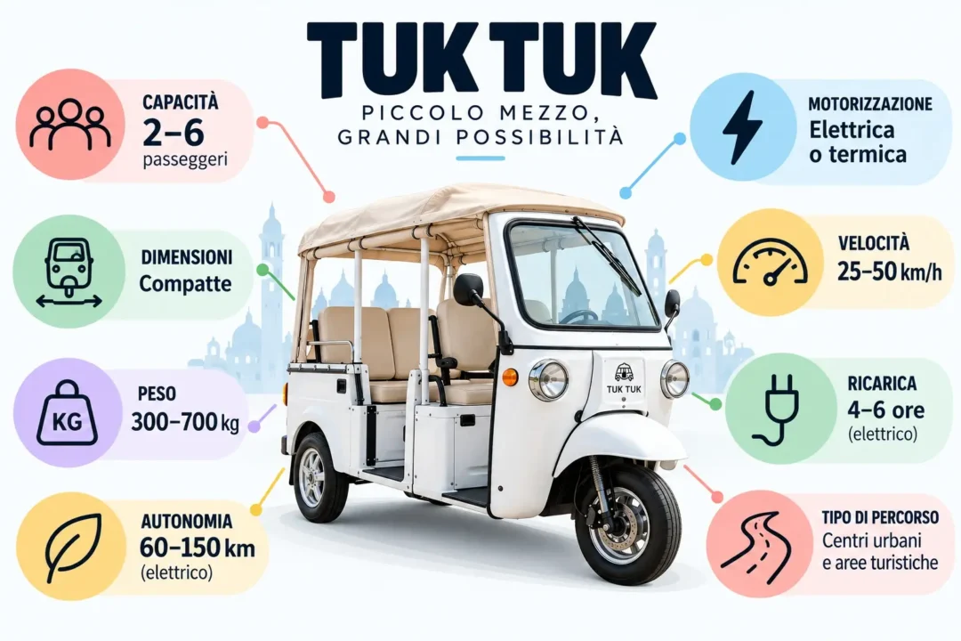 Infografica sulle principali caratteristiche tecniche di un tuk tuk: capacità, motorizzazione, velocità, dimensioni, peso, autonomia, ricarica e utilizzo urbano