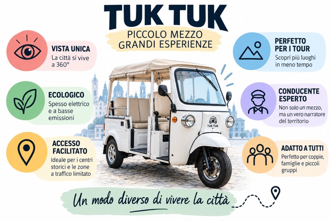 Infografica sui principali vantaggi di un tour in tuk tuk: mobilità urbana, agilità, sostenibilità e esperienza turistica