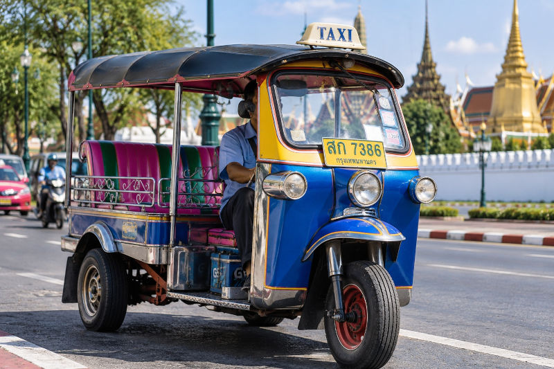 Tipico tuk tuk tradizionale utilizzato come taxi urbano a Bangkok, in Thailandia